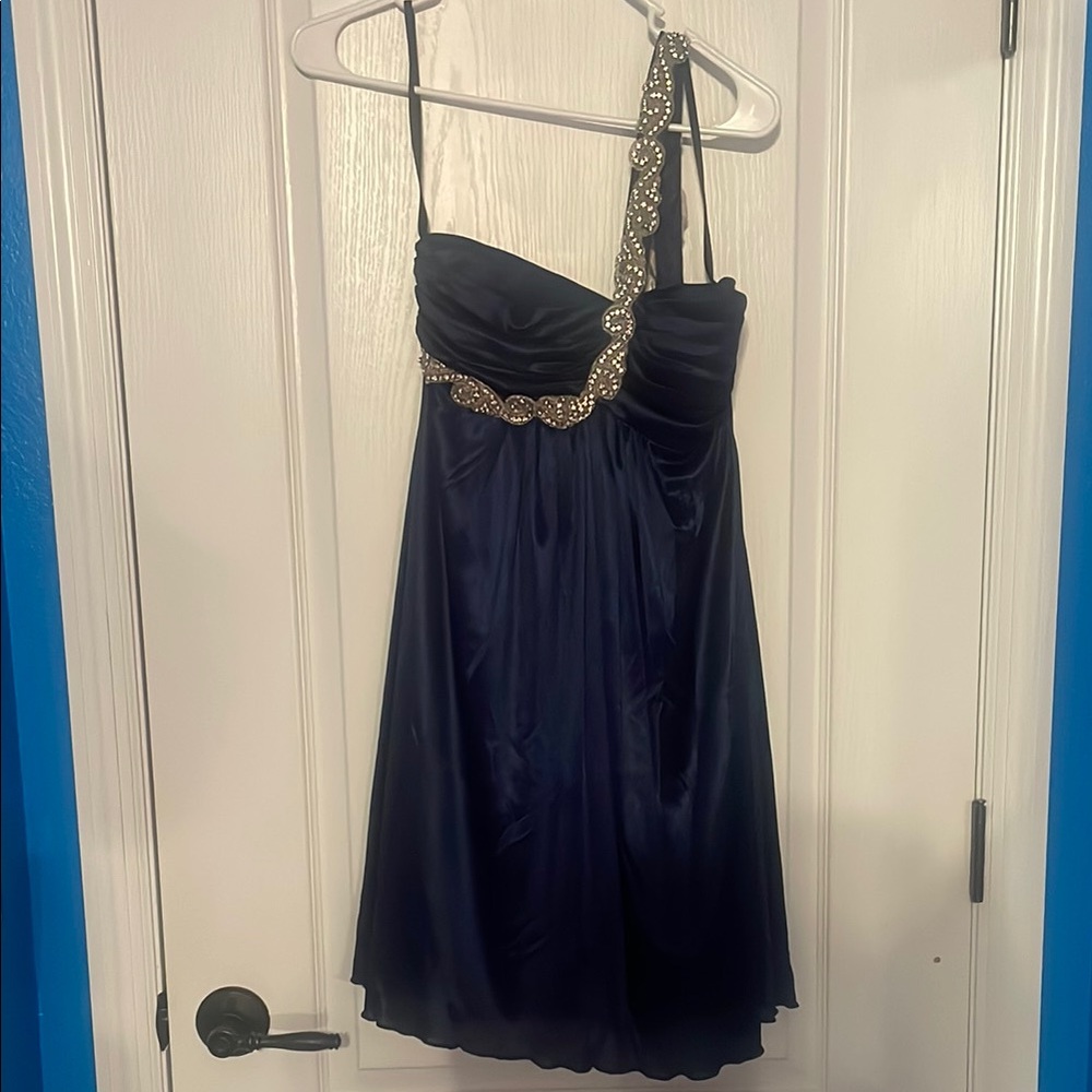 Elegant Navy Blue One-Shoulder Dress with Silver Beaded Accents